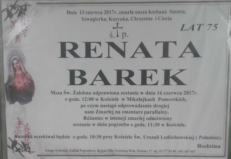 Zmarła Renata Barek. Żyła 75 lat.