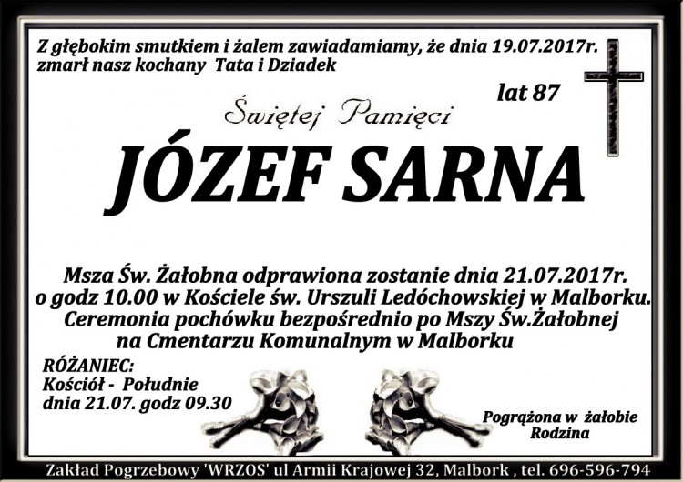 Zmarł Józef Sarna. Żył 87 lat.