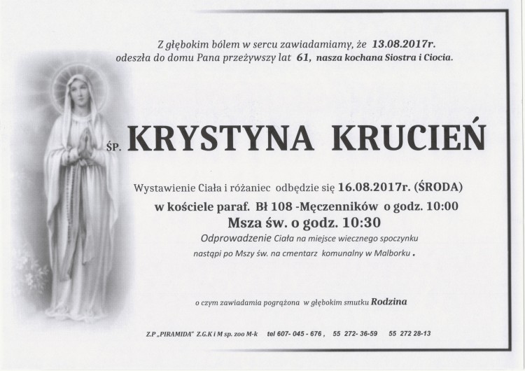 Zmarła Krystyna Krucień. Żyła 61 lat.