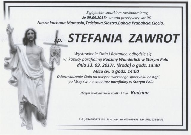 Zmarła Stefania Zawrot. Żyła 96 lat