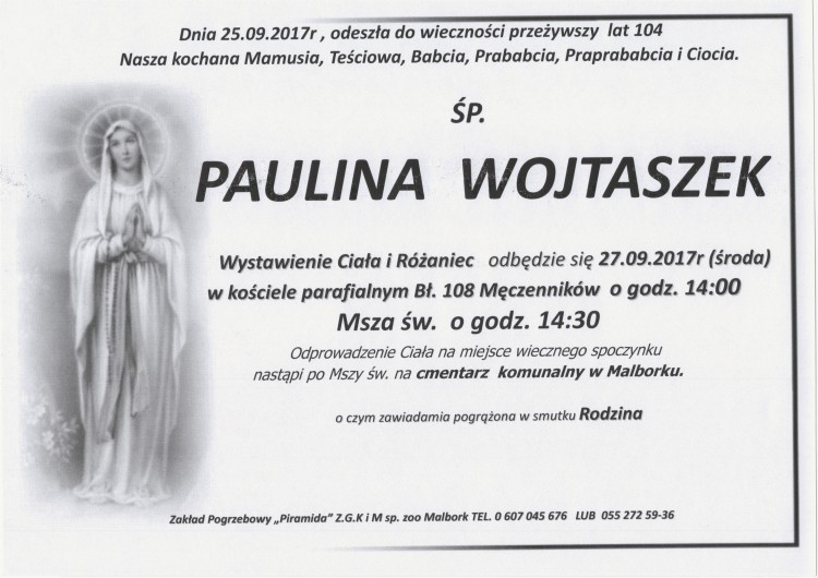 Zmarła Paulina Wojtaszek. Żyła 104 lat