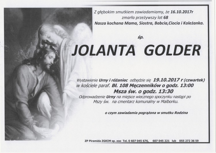 Zmarła Jolanta Golder. Żyła 68 lat.