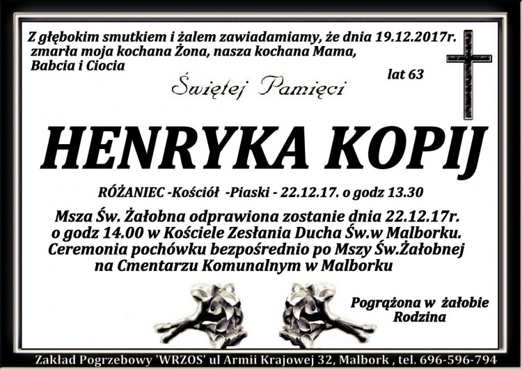 Zmarła Henryka Kopij. Żyła 63 lata.