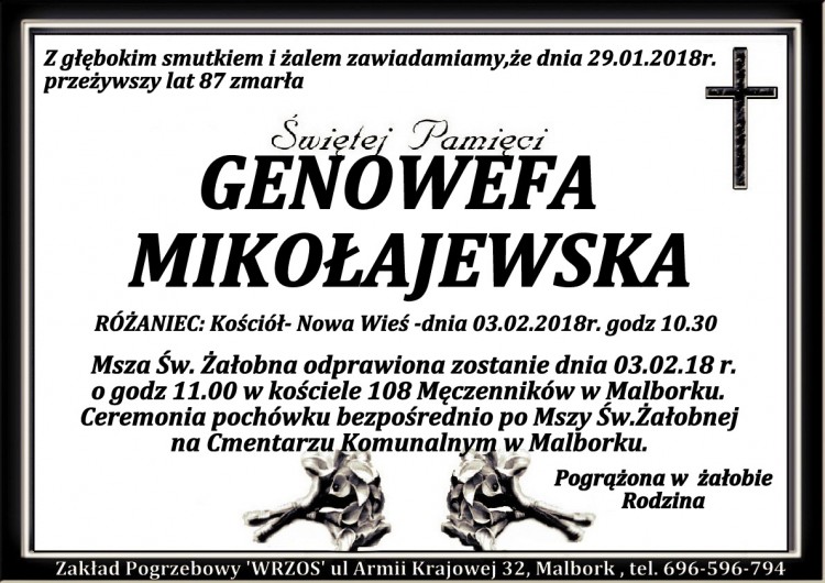 Zmarła Genowefa Mikołajewska. Żyła 87 lat.