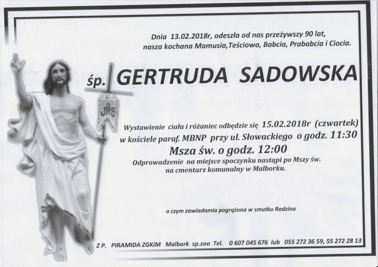 Zmarła Gertruda Sadowska. Żyła 90 lat.