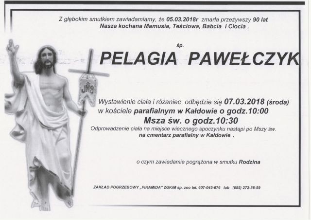 Zmarła Pelagia Pawełczyk. Żyła 90 lat.