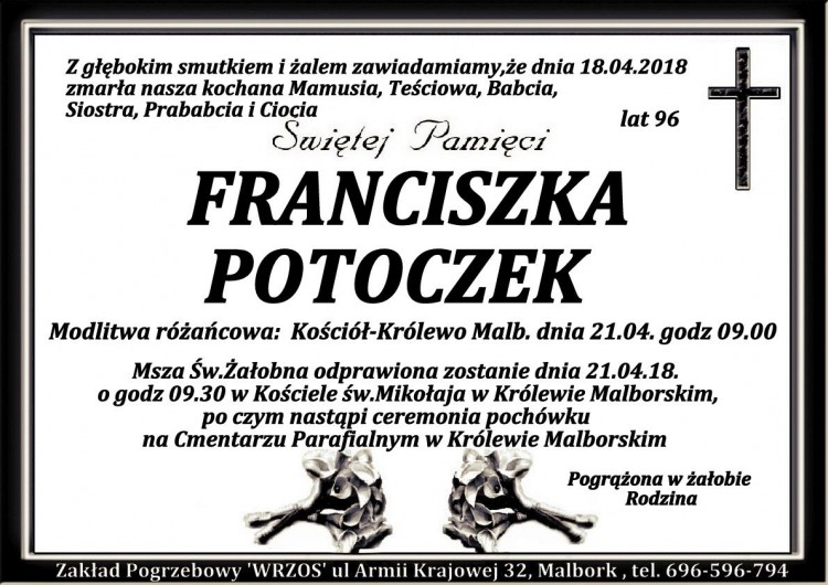 Zmarła Franciszka Potoczek. Żyła 96 lat.