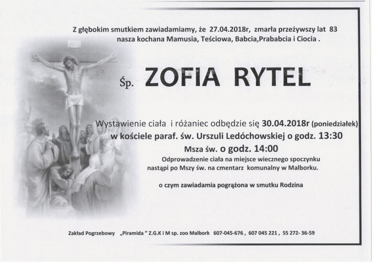 Zmarła Zofia Rytel. Żyła 83 lata.