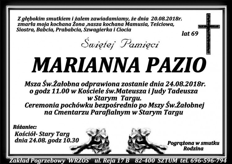 Zmarła Marianna Pazio. Żyła 69 lat.