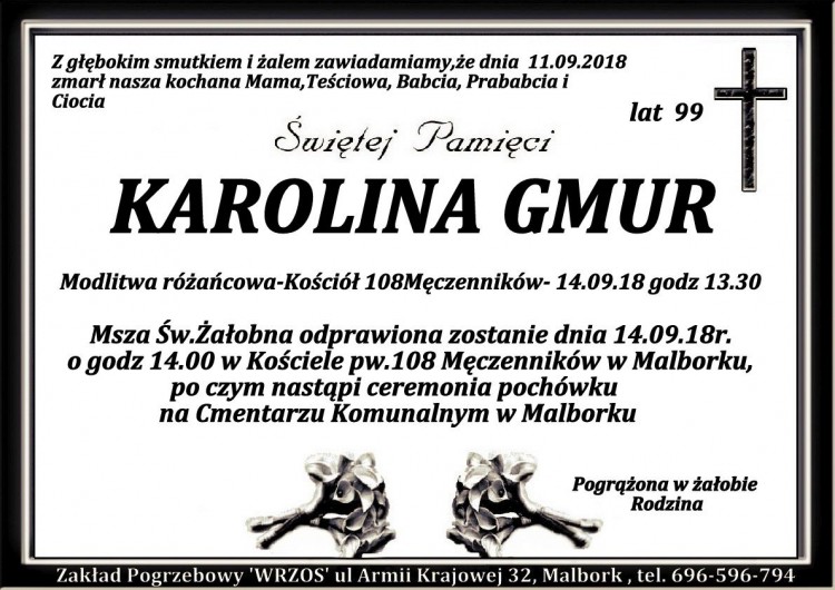 Zmarła Karolina Gmur. Żyła 99 lat.