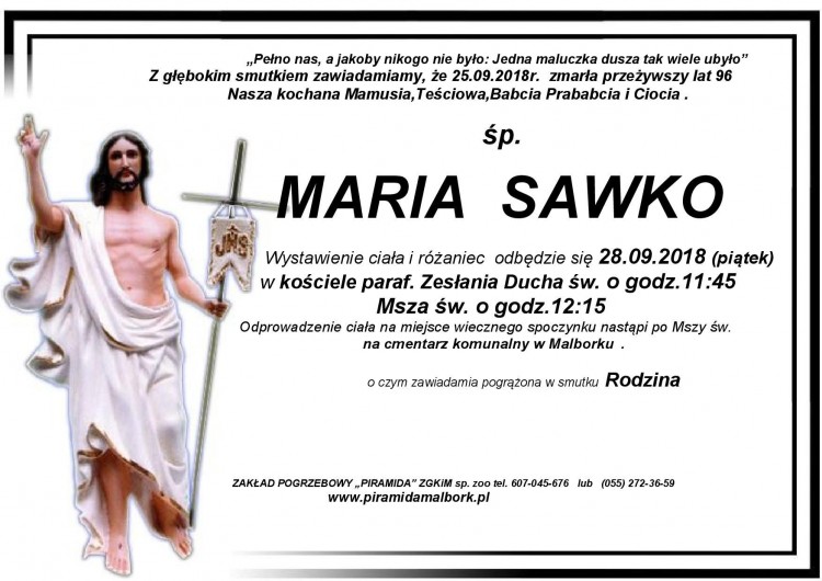 Zmarła Maria Sawko. Żyła 96 lat.