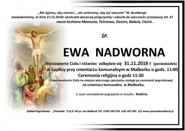 Zmarła Ewa Nadworna. Żyła 67 lat.