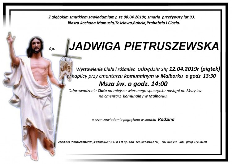 Zmarła Jadwiga Pietruszewska. Żyła 93 lata.