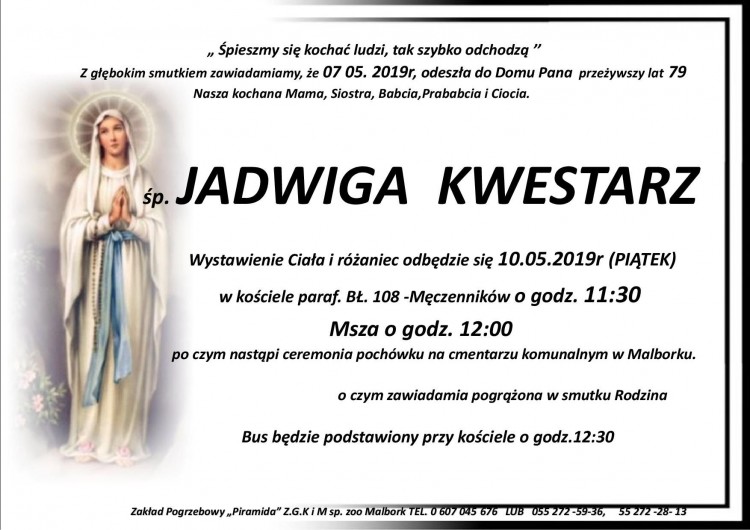 Zmarła Jadwiga Kwestarz. Żyła 79 lat.