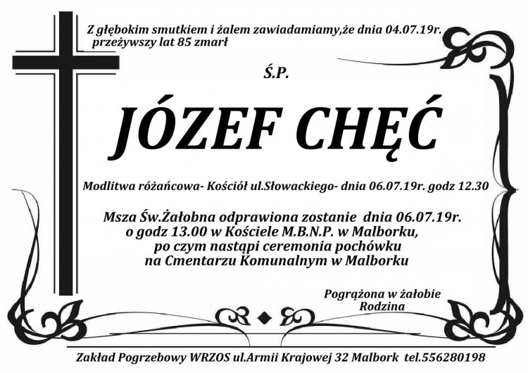 Zmarł Józef Chęć. Żył 85 lat.