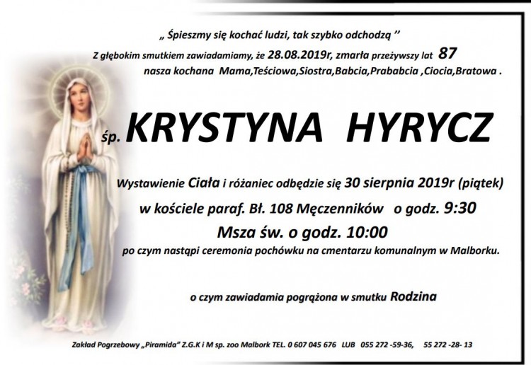 Zmarła Krystyna Hyrycz. Żyła 87 lat.