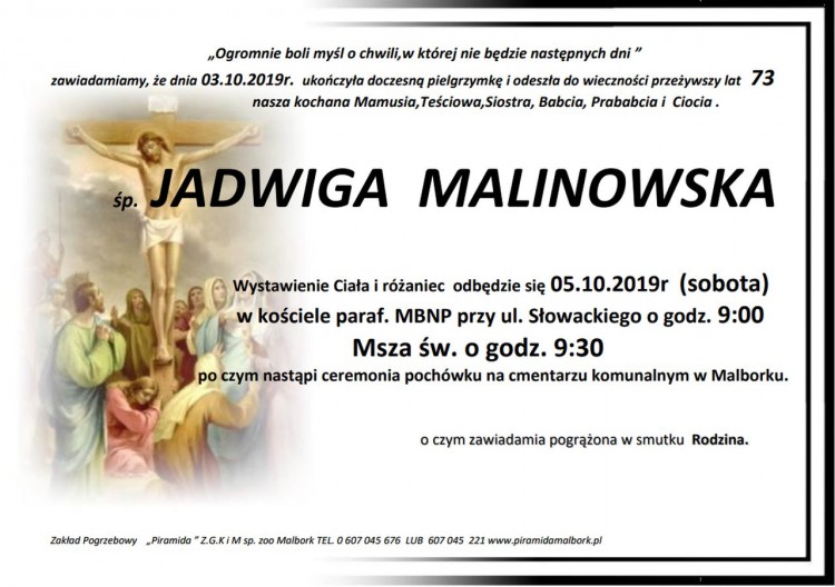 Zmarła Jadwiga Malinowska. Żyła 73 lata.