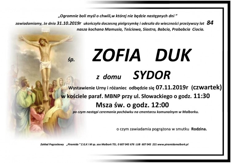 Zmarła Zofia Duk. Żyła 84 lata.