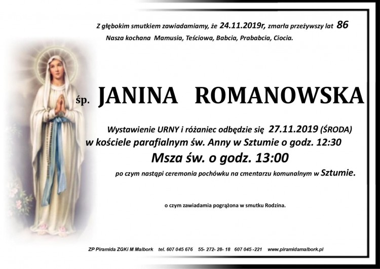 Zmarła Janina Romanowska. Żyła 86 lat.