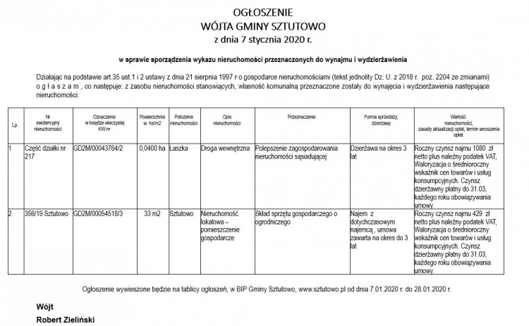 Ogłoszenie Wójta Gminy Sztutowo z dnia 7.01.2020