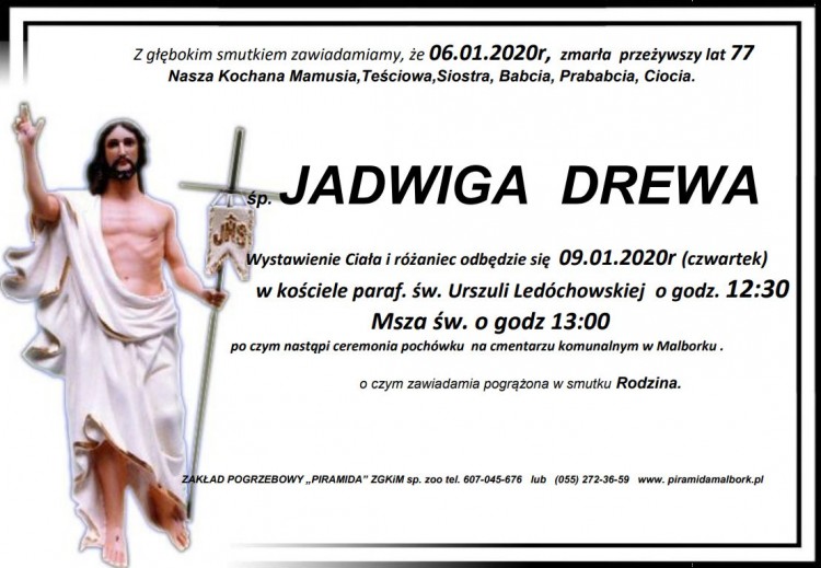 Zmarła Jadwiga Drewa. Żyła 77 lat.