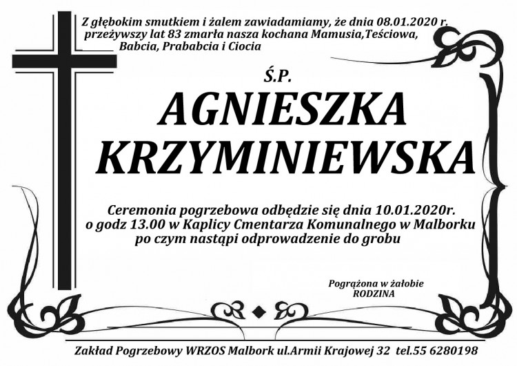 Zmarła Agnieszka Krzyminiewska. Żyła 83 lata.