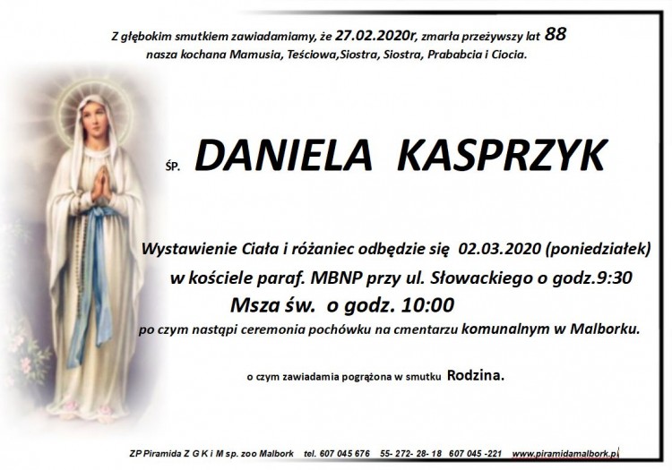 Zmarła Daniela Kasprzyk. Żyła 88 lat.