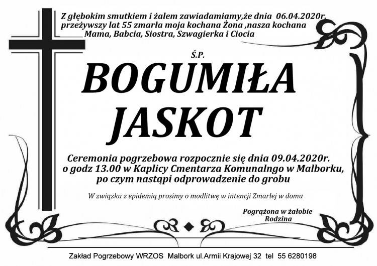 Zmarła Bogumiła Jaskot. Żyła 55 lat.