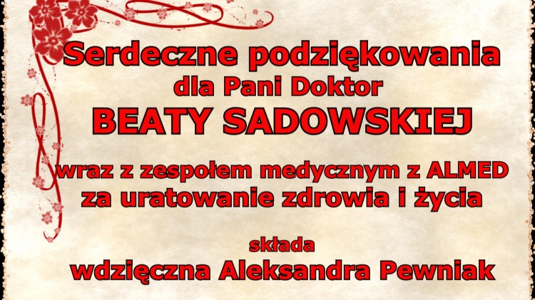 Podziękowanie dla zespołu medycznego ALMED od wdzięcznej pacjentki.