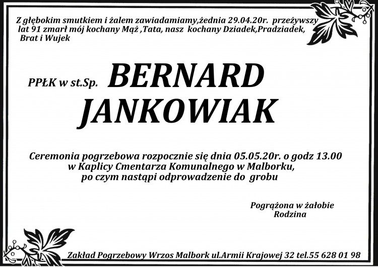 Zmarł Bernard Jankowiak. Żył 91 lat.