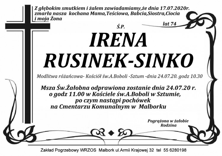 Zmarła Irena Rusinek - Sinko. Żyła 74 lata.