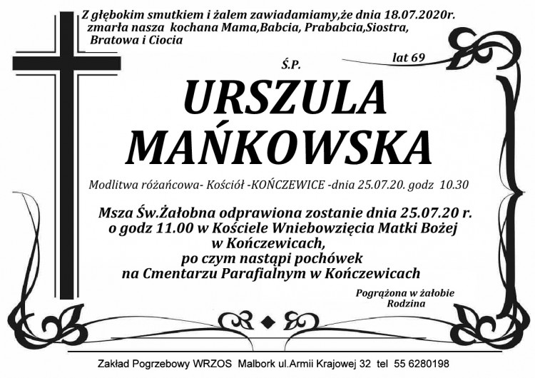 Zmarła Urszula Mańkowska. Żyła 69 lat.