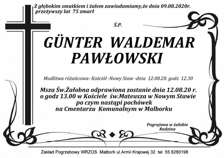 Zmarł Günter Waldemar Pawłowski. Żył 75 lat.