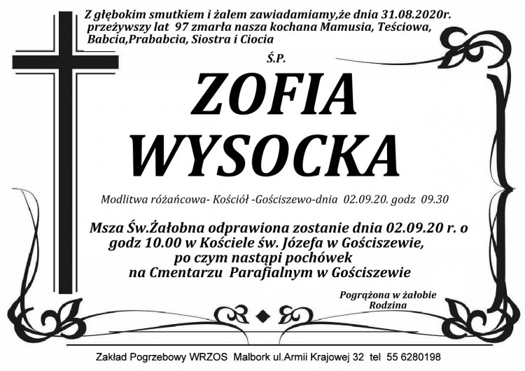 Zmarła Zofia Wysocka. Żyła 97 lat.