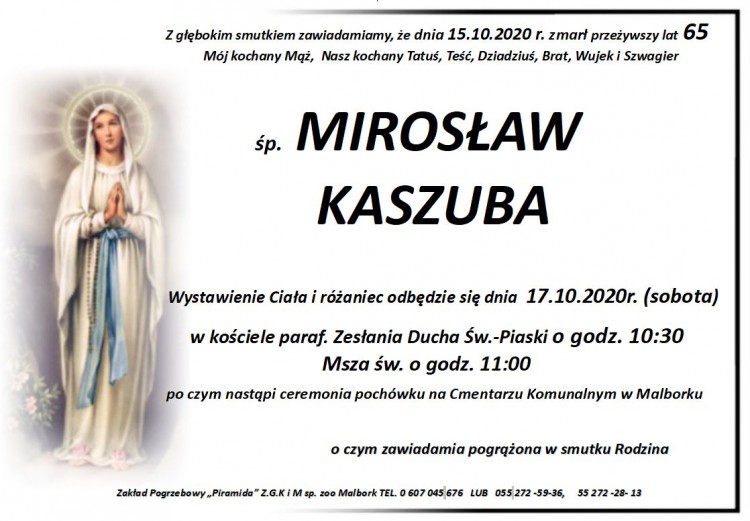 Zmarł Mirosław Kaszuba. Żył 65 lat.