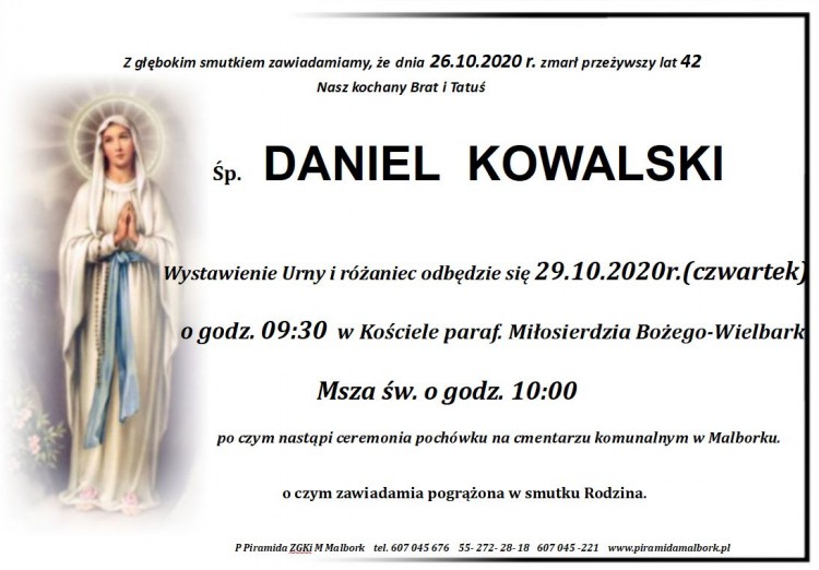 Zmarł Daniel Kowalski. Żył 42 lata.