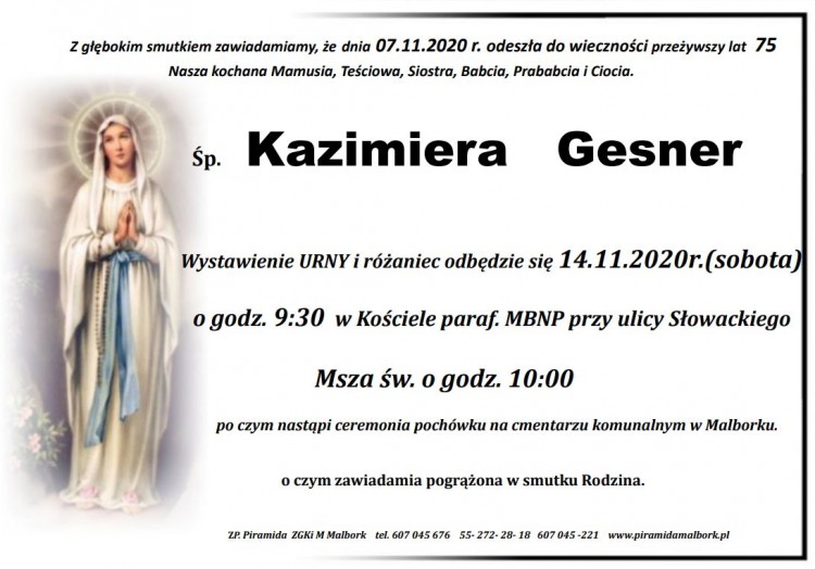 Zmarła Kazimiera Gesner. Żyła 75 lat.