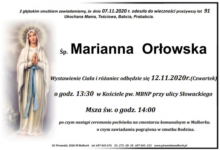 Zmarła Marianna Orłowska. Żyła 91 lat.