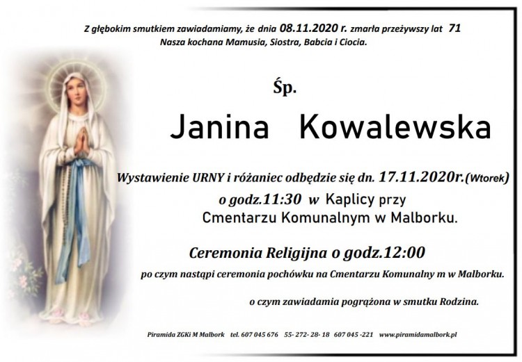 Zmarła Janina Kowalewska. Żyła 71 lat.