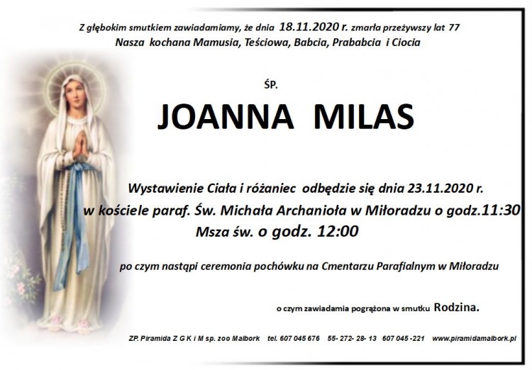 Zmarła Joanna Milas. Żyła 77 lat.