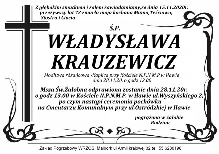 Zmarła Władysława Krauzewicz. Żyła 72 lata.