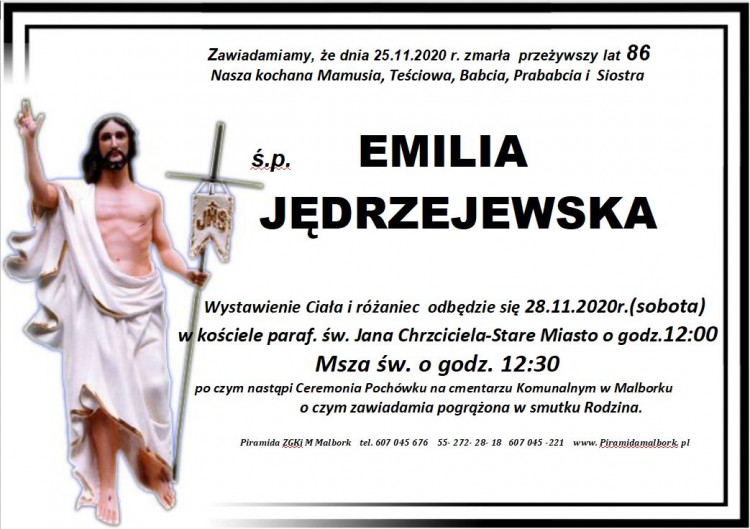 Zmarła Emilia Jędrzejewska. Żyła 86 lat. 