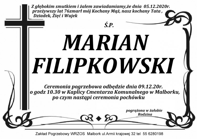 Zmarł Marian Filipkowski. Żył 76 lat.