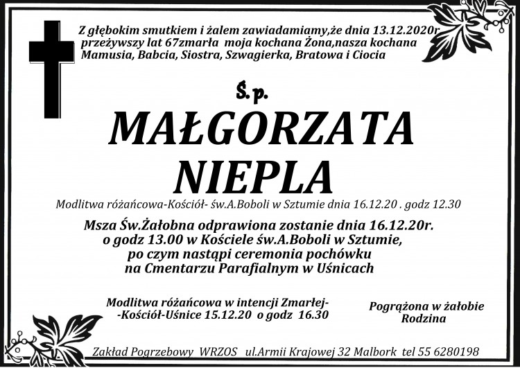 Zmarła Małgorzata Niepla. Żyła 67 lat.