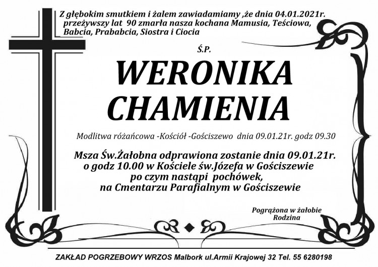 Zmarła Weronika Chamienia. Żyła 90 lat.