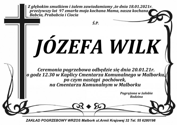 Zmarła Józefa Wilk. Żyła 97 lat.