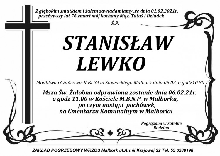Zmarł Stanisław Lewko. Żył 76 lat.