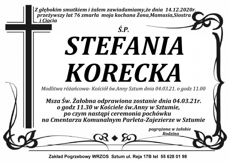 Zmarła Stefania Korecka. Żyła 76 lat.