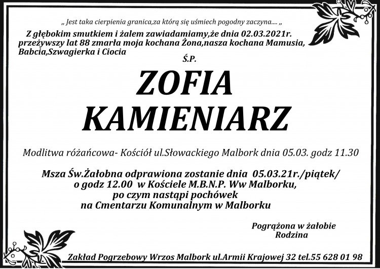 Zmarła Zofia Kamieniarz. Żyła 88 lat.