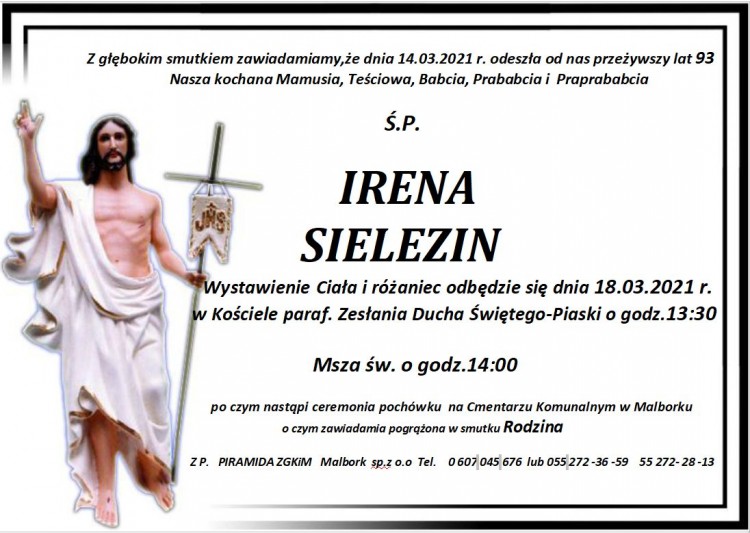 Zmarła Irena Sielezin. Żyła 93 lata.